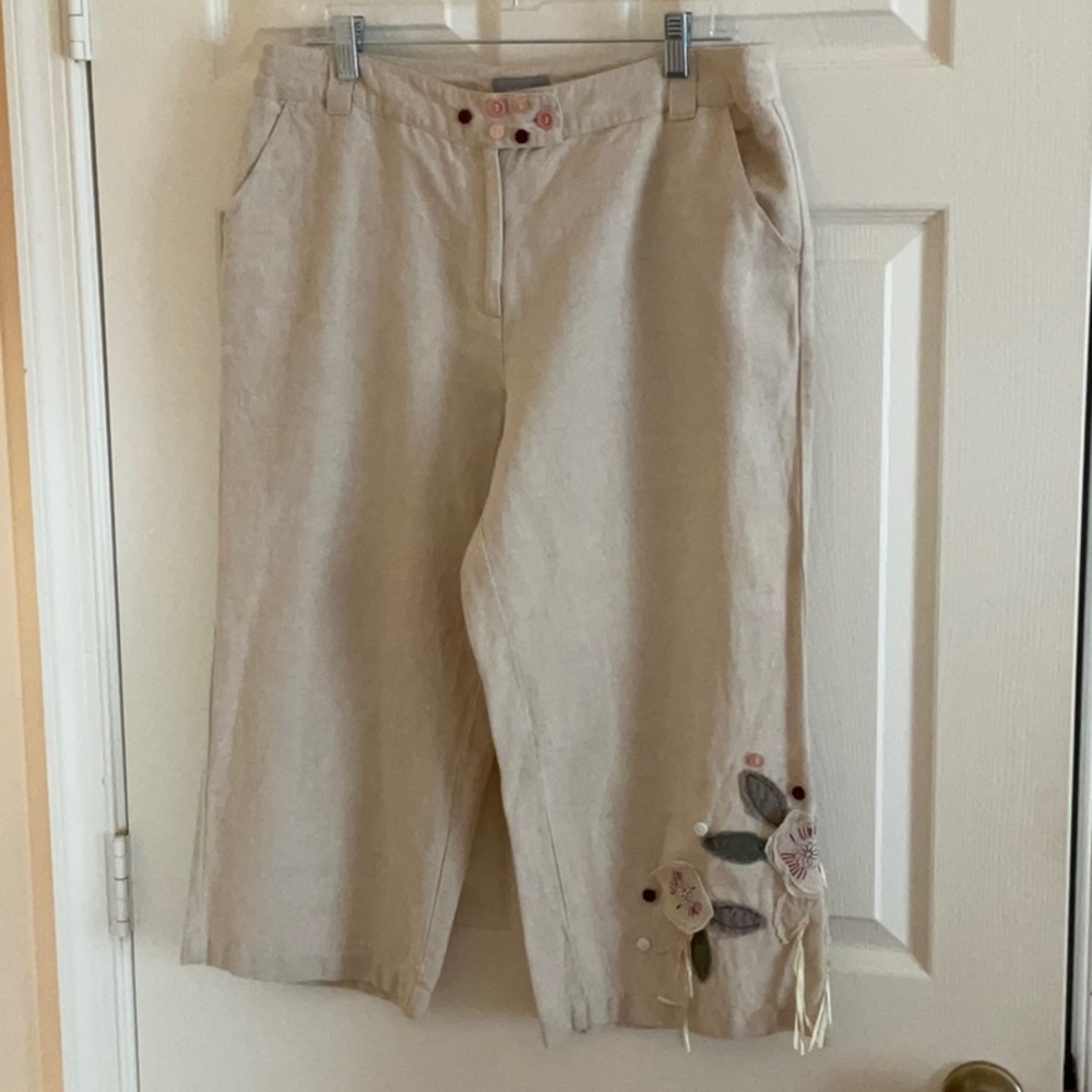 Beige Embroidered Capri Pants